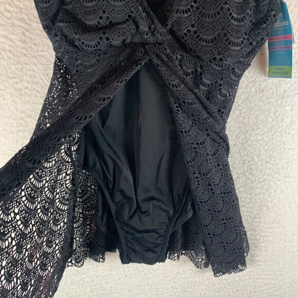 Swim Solutions Women's Tummy Control Flyaway Black Crochet Swimdress Size 10 NWT - Picture 3 of 11